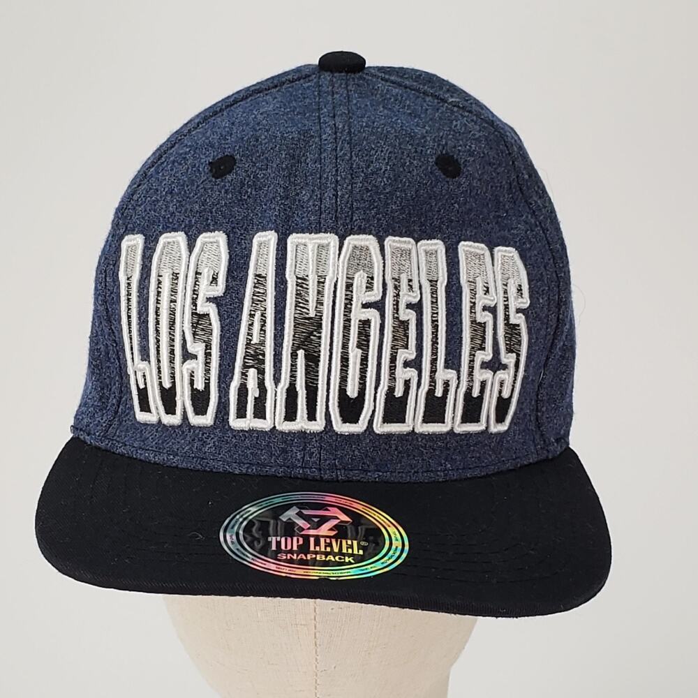 Top Level Los Angeles Snapback Hat Mens Navy Blue Wool Blend Flat Brim Cap OSFA